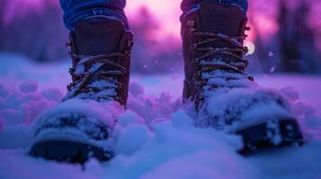 Hiker's boots embedded in fresh snow with dusk's pink light behind. photo
