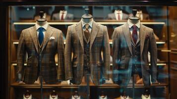 Stylish men's suits on display in a luxury fashion store window. photo