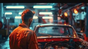 Over-the-shoulder shot of worker contemplating vehicle repairs. photo