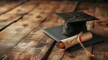 Graduation cap rests by diploma on wooden surface. photo