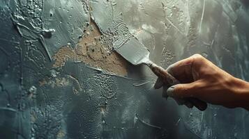 Hand applying smooth plaster to a wall with a metal spatula. photo