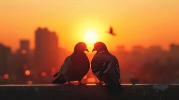 Pair of pigeons on rooftop at sunrise with city skyline. photo