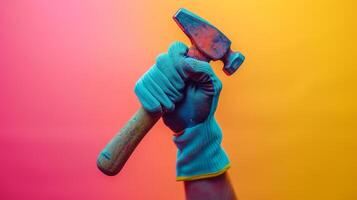 Vibrant gloved hand gripping a hammer with a blurred pastel background. photo