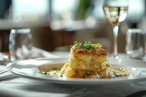 Gourmet pan-seared scallops on a bed of smooth potato puree, garnished with herbs and spices photo