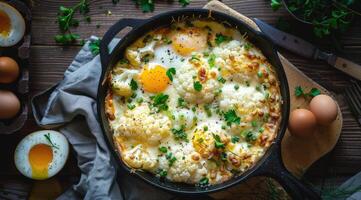 A deliciously baked dish with cauliflower, eggs, and cheese, perfect for a wholesome meal photo