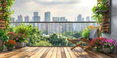 Stylish balcony home terrace with city background. photo