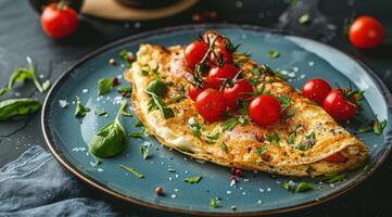 A well-prepared omelette with cherry tomatoes and fresh herbs photo