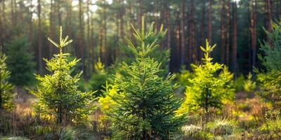Young spruces in a coniferous forest natural background photo