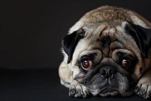 Little pug puppy dog laying head on floor photo