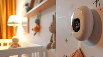 A smart baby monitor with a built-in camera it is in the nursery photo