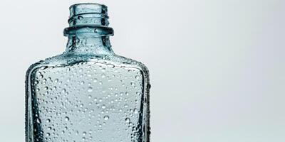 Transparent glass bottle with small drops on white background. photo