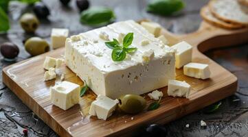 Feta cheese with basil and olives photo