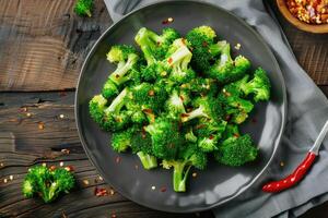 Boiled broccoli with spices in a plate. Black background. Top view. photo