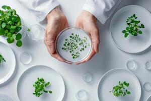 A scientist's hands holding a petri dish with small plants inside photo