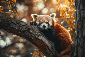 rojo panda encaramado en un árbol rama con luz de sol foto