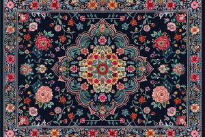 The carpet design with a wool texture features an pattern in the Persian style. photo