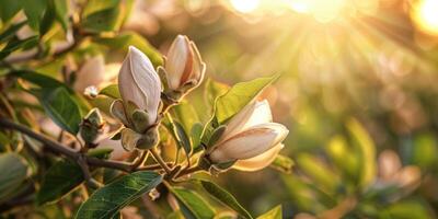 brillante flores en floración con Dom bengalas brillante mediante hojas, emitiendo un sensación de crecimiento y renovación foto