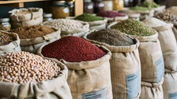 Sacks filled with colorful legumes beautifully displayed at a market, offering variety and healthful options photo