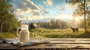 A serene rural scene with a goat next to a fresh glass of milk on a wooden table overlooking a landscape photo