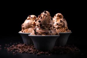 Delicious chocolate ice cream in waffle cones photo