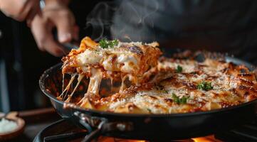 Lasagna being served in an black pan. photo