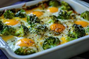 A deliciously baked dish with broccoli, eggs, and cheese, perfect for a wholesome meal photo