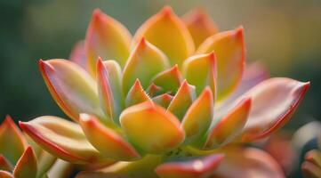 A close-up image of a green succulent plant within a classic terracotta pot, focused with a blurred background photo