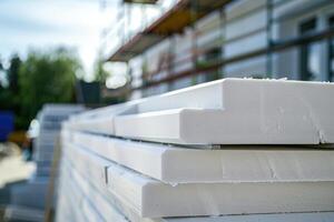 Sheets of expanded polystyrene for house thermal insulation during constructions. photo