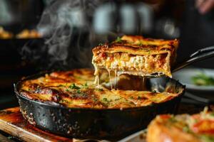 Lasagna being served in an black pan. photo