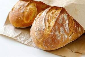 Bread in a paper bag, white background. photo