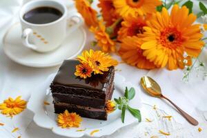 Slice of tasty chocolate cake and cup of coffee served photo