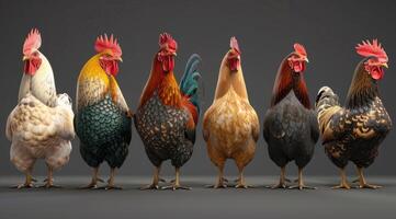 A group of chickens of different breeds are standing side-by-side against a grey background photo