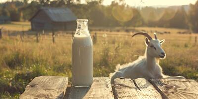 A serene rural scene with a goat next to a fresh glass of milk on a wooden table overlooking a landscape photo