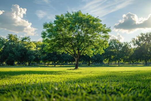 A single large tree with lush green foliage standing alone in a vast field under a clear blue sky photo