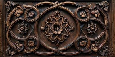 Close-up of floral pattern wood carving, showcasing the craftsmanship and artistic detail in the wooden texture photo