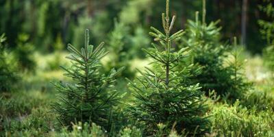 Young spruces in a coniferous forest natural background photo