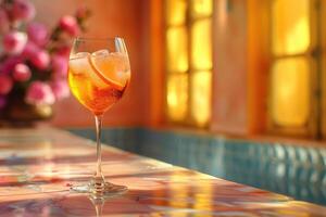 A refreshing glass of iced tea with a slice of orange photo