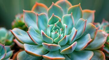 A close-up image of a green succulent plant within a classic terracotta pot, focused with a blurred background photo