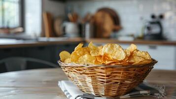 crujiente patata papas fritas en un cesta con un calentar acogedor fondo, invocando un sentido de comodidad comida foto