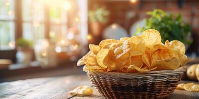 Crisp potato chips in a basket with a warm cozy background, invoking a sense of comfort food photo