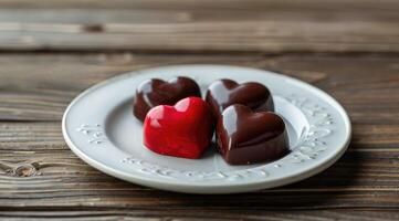 Set of sweets in the shape of heart on plate on wooden background. photo