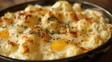 A deliciously baked dish with cauliflower, eggs, and cheese, perfect for a wholesome meal photo