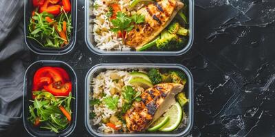 Containers of well-organized meal prep with a healthy balance of proteins, carbohydrates, and veggies for a nutritious diet photo