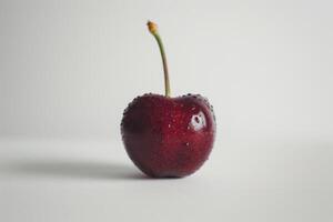 Deep red cherry with a long stem against a clean white background photo