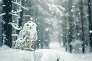 white owl sitting on a branch in a winter snowy forest during the day with blurred background. photo