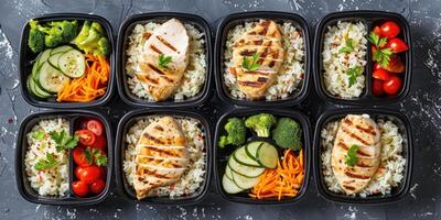 Containers of well-organized meal prep with a healthy balance of proteins, carbohydrates, and veggies for a nutritious diet photo