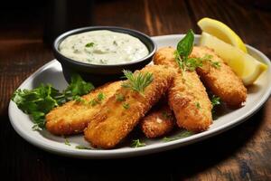 Fried fish sticks with lemon and sauces photo