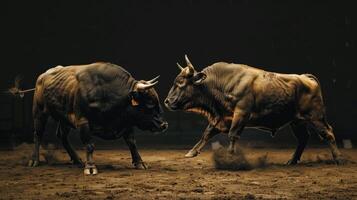 Two bulls stand facing each other photo