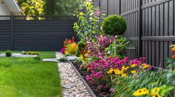 Modern fence and flower garden. photo