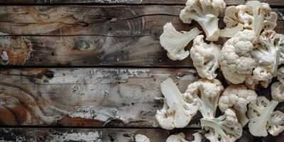 Fresh cauliflower on wooden background photo